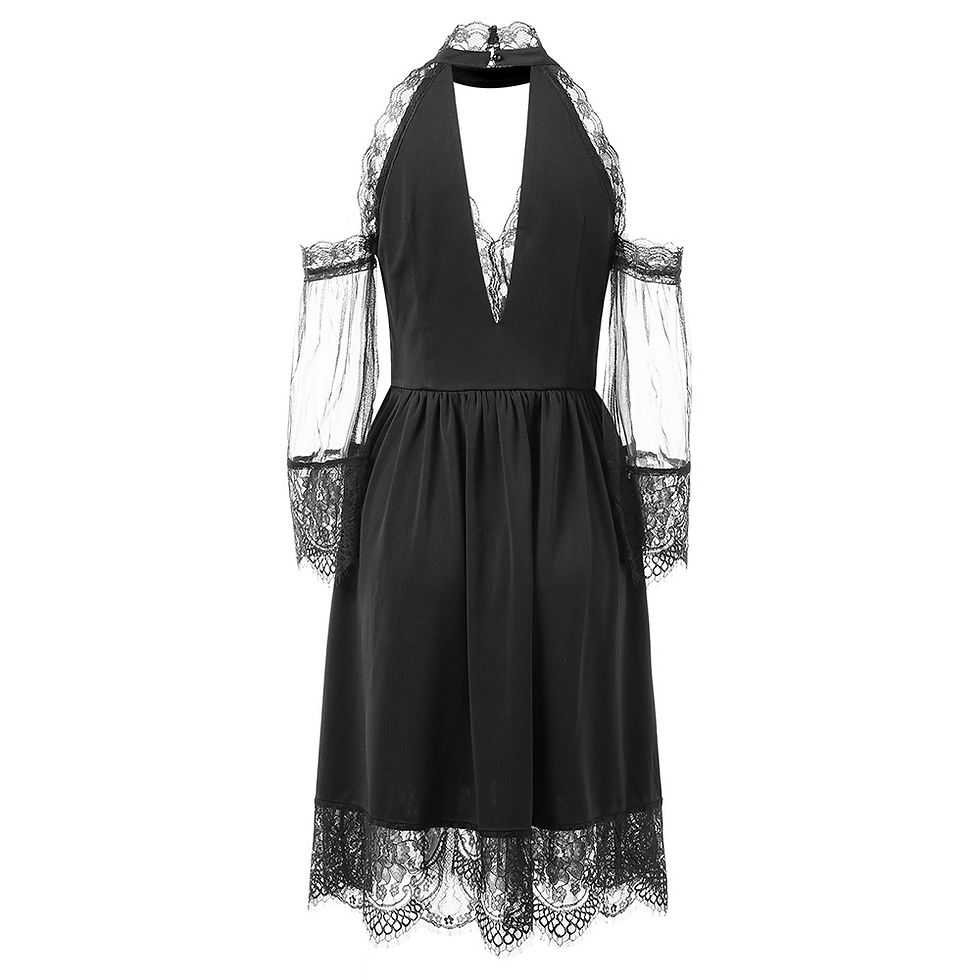 Thumbnail: Cold Shoulder Lace Insert Midi Choker Dress