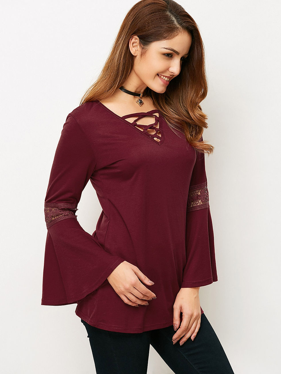 Thumbnail: V Neck Lace-Up Flare Sleeve Loose T-Shirt