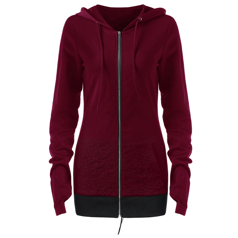 Thumbnail: Criss Cross Back Lace Insert Zipper Hoodie
