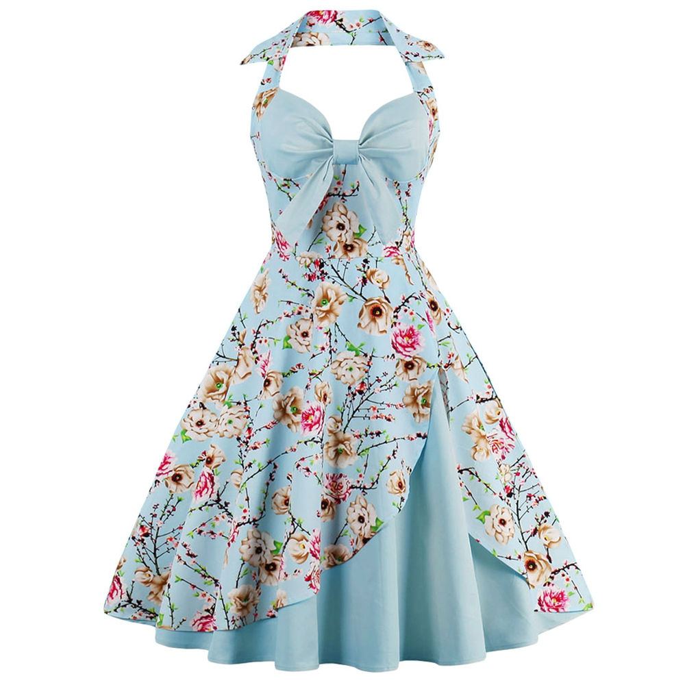Halter Neck Floral Pin Up A Line Dress