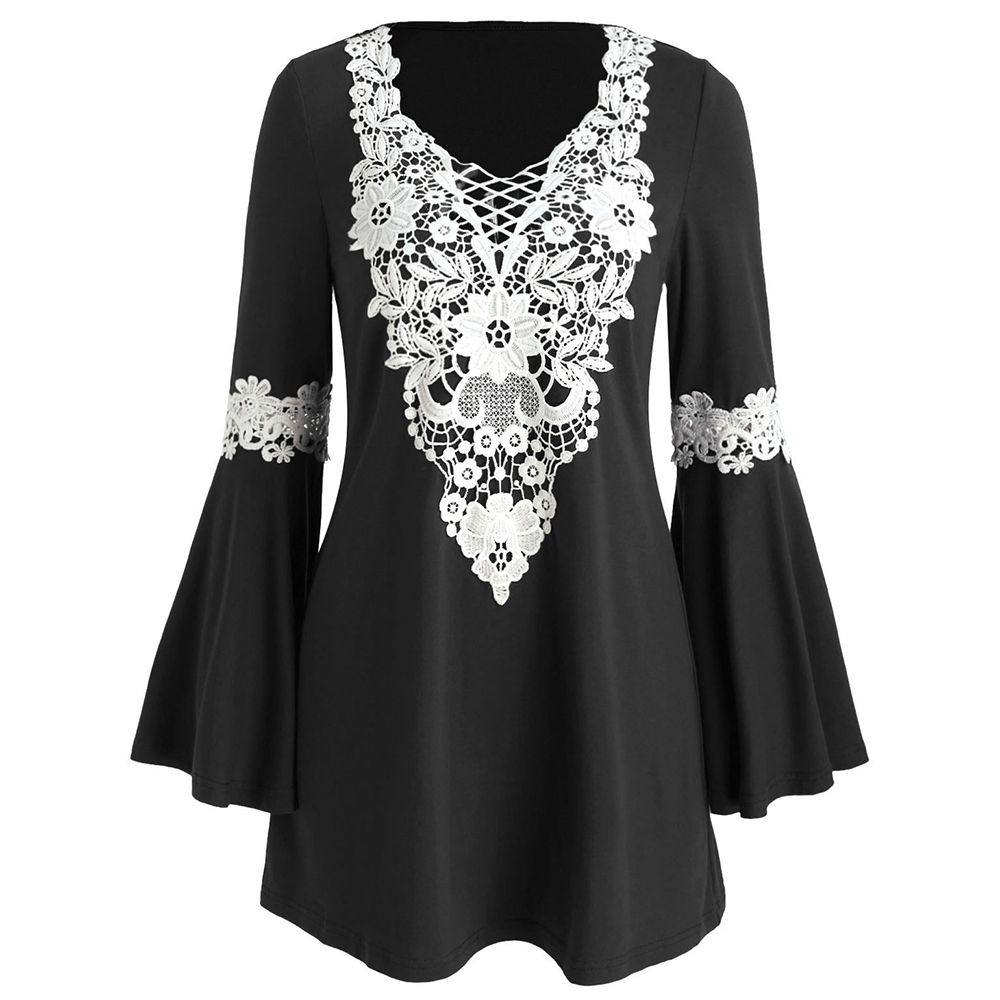 Crochet Front Flare Sleeve Short Dress - Black