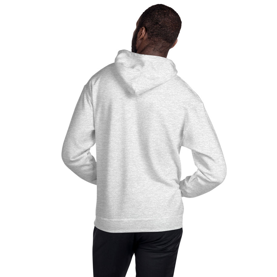 Man wearing a white hoodie, People Over Platforms | Premium Edition Crewneck, standing with hands in pockets.