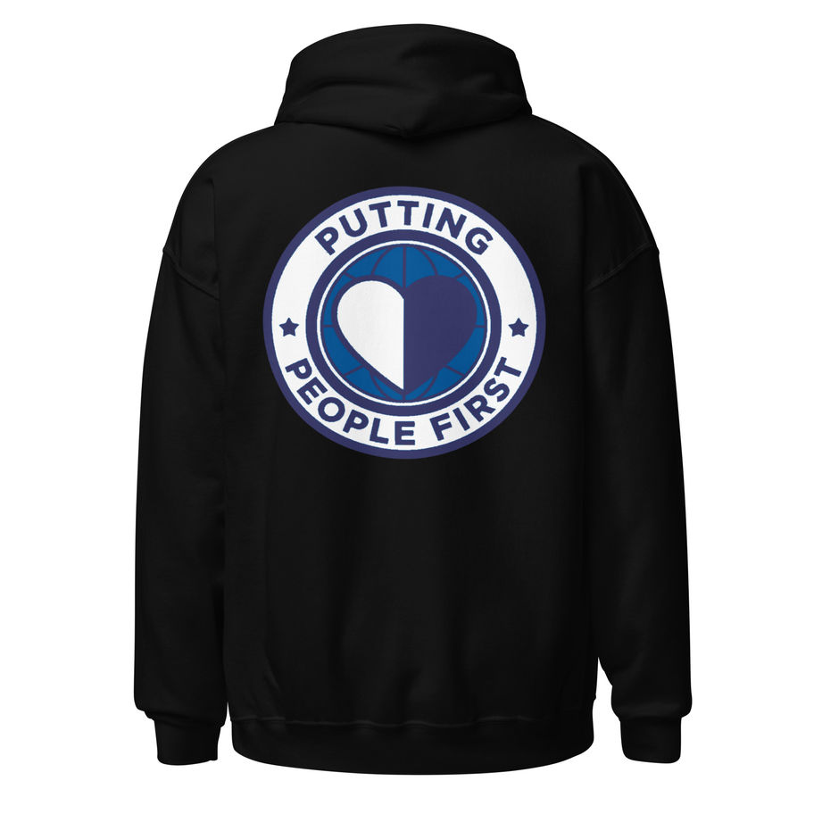 Black hoodie with "PUTTING PEOPLE FIRST" logo on the back. People Over Platforms.