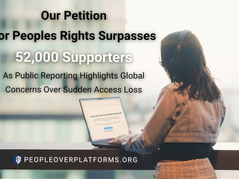 A woman stands at a window overlooking a city while viewing an “account disabled” message on her laptop, representing widespread concerns over sudden digital access loss.