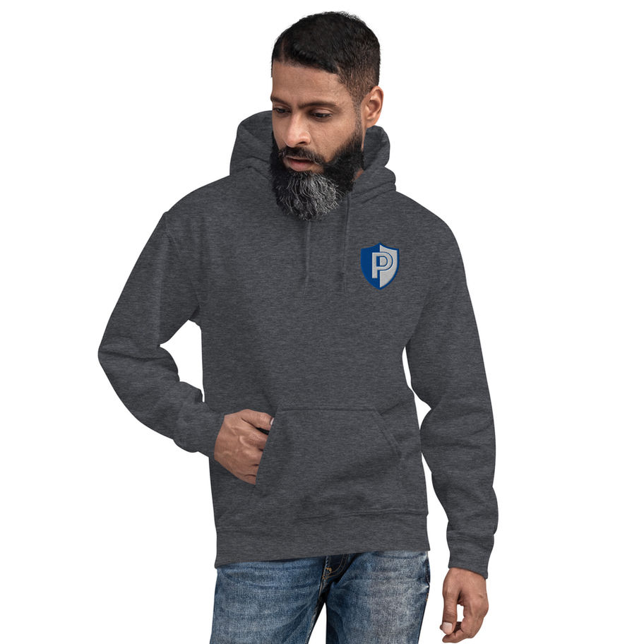 Man wearing dark gray hoodie with a small blue logo on chest.