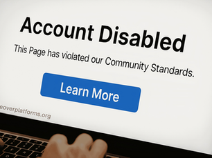 A close-up of a laptop screen showing an “Account Disabled” message, symbolizing how users are erased by systems and locked out of their online platforms.