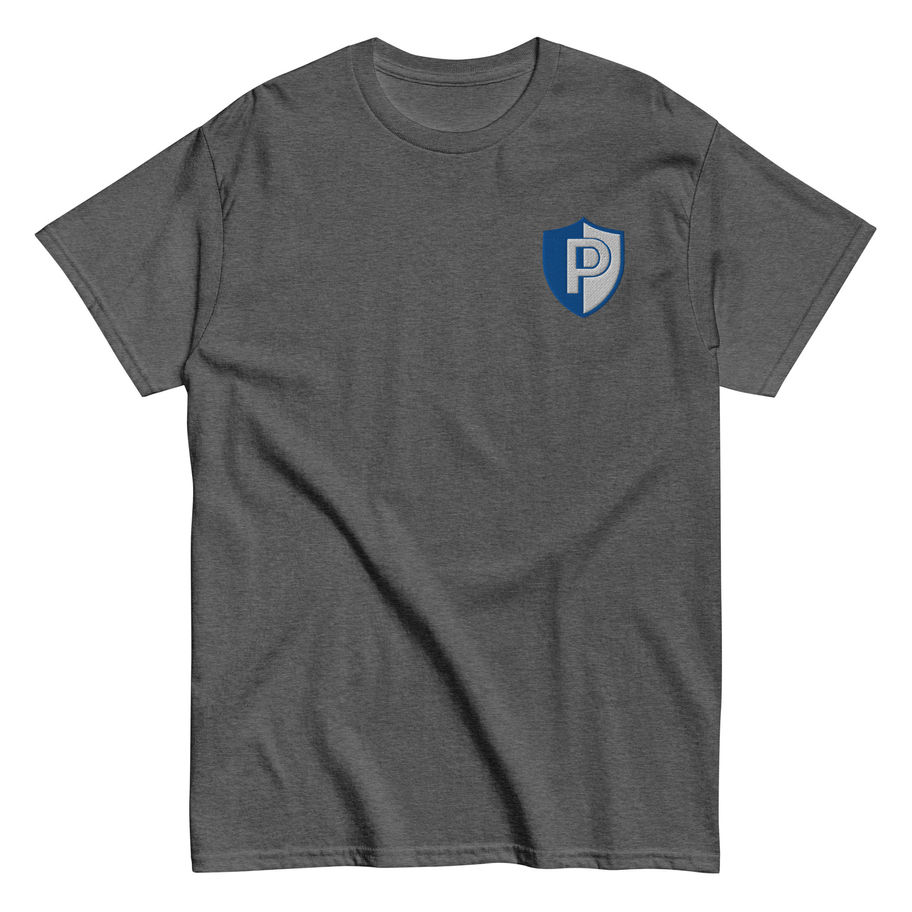 Gray T-shirt with a shield logo; People Over Platforms; Unmuted Cotton T-Shirt