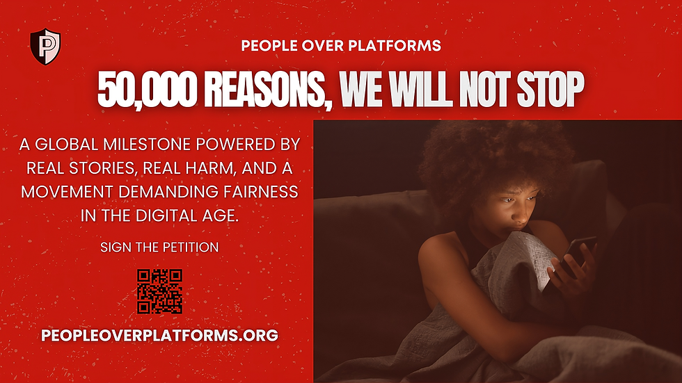 A young woman sits in low light, focused on her phone with a worried expression. A red People Over Platforms banner beside her reads “50,000 Reasons, We Will Not Stop,” representing the movement for digital rights and fairness.