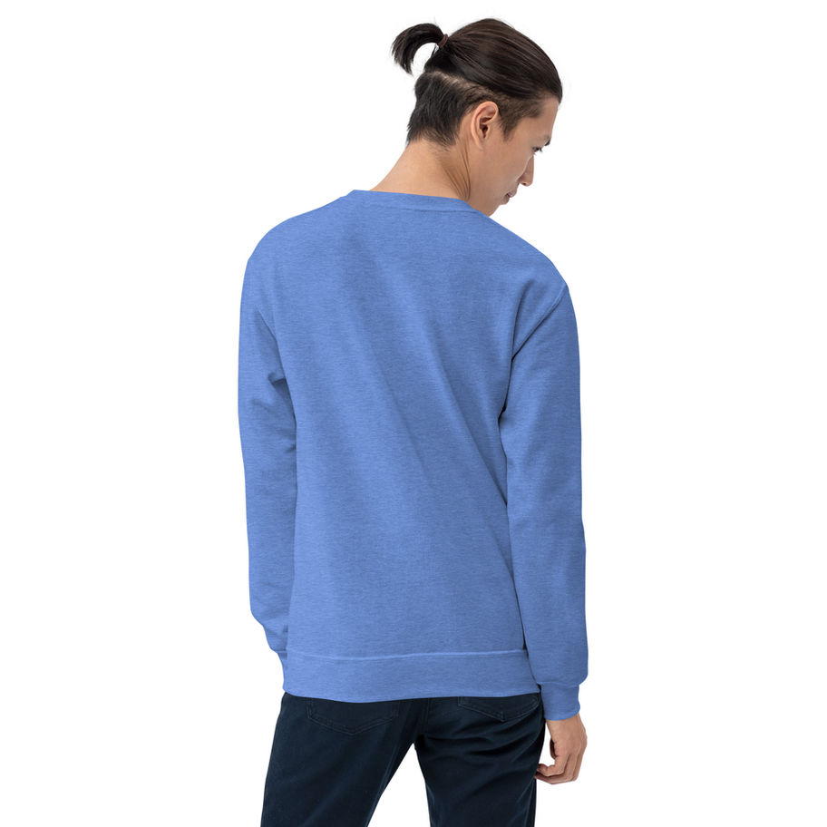 Man wearing blue sweatshirt, back view. People Over Platforms | Premium Edition Crewneck.