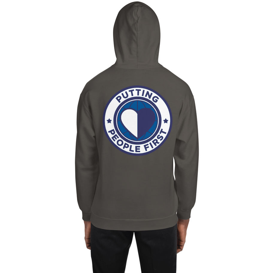 Person wearing gray hoodie with "Putting People First" logo on back.