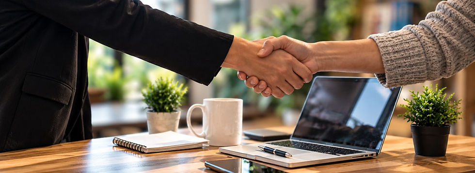 Two professionals shaking hands across a desk in a bright, modern office with a laptop, notebook, coffee mug, and plants, symbolizing partnership and collaboration.