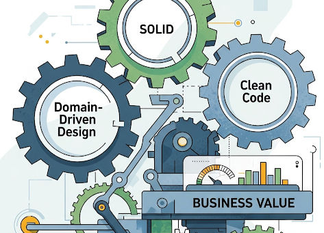 En 2D-illustrasjon av et system av mange tannhjul, der de tre største er merket med DomainDrivenDesign, Solid, og Clean Code. Det er også et dashboard som viser målinger og histogrammer, og dette dashbordet er merket med Business Value.