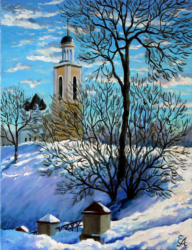 Аристархова Елена. Зимний пейзаж с храмом. 45х35, холст, маслом – 3500 руб.
