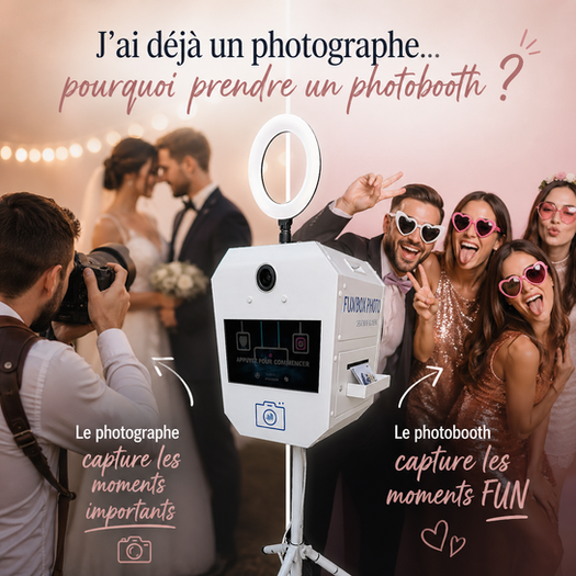 photo comparant un photographe de mariage a une borne photobooth