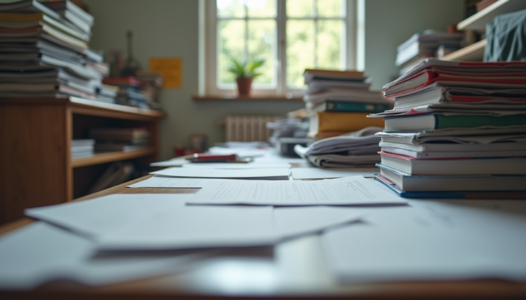 Eye-level view of a cluttered student desk with scattered papers and notebooks