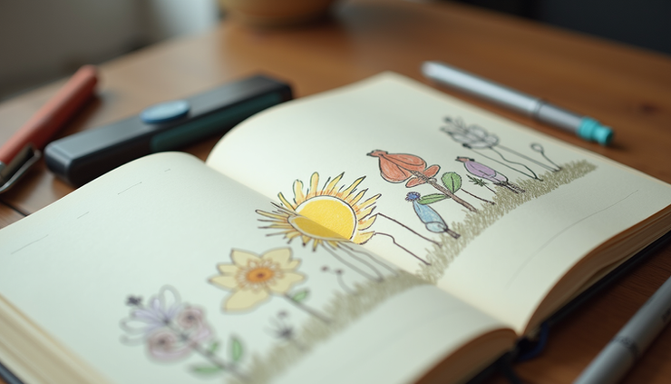 Close-up view of a colorful summer-themed journal with writing tools
