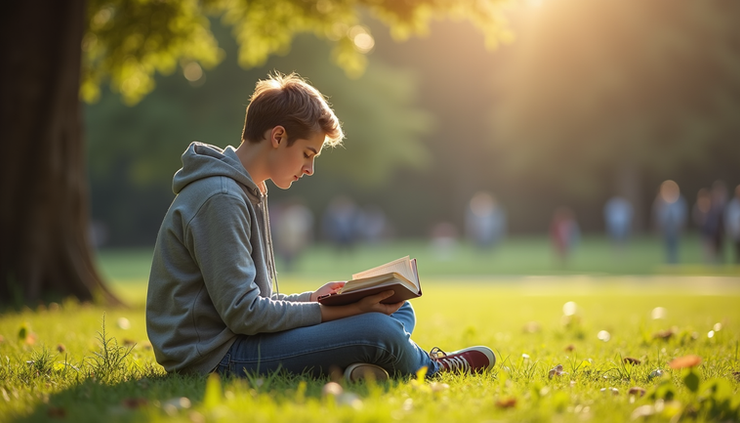 Eye-level view of a student reading a book outdoors on a sunny day