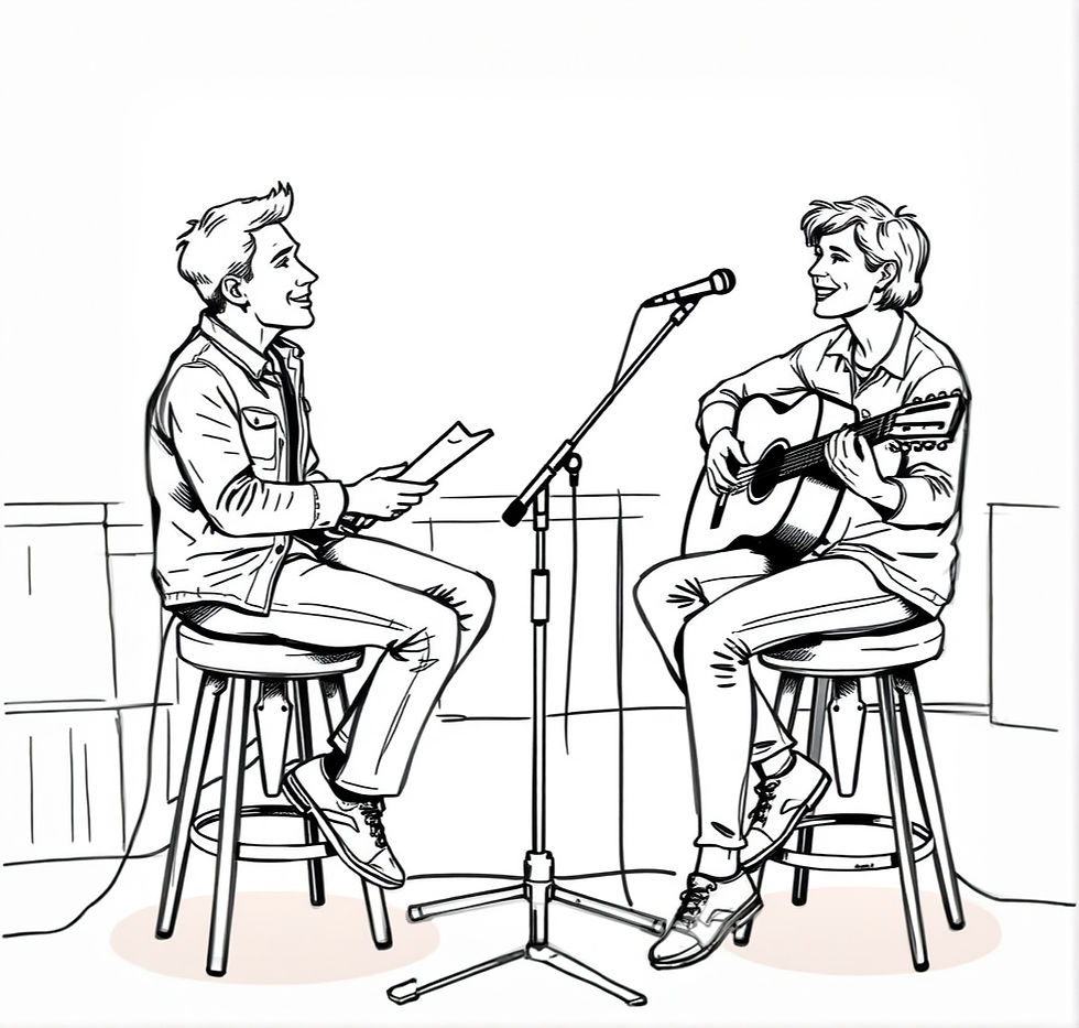 2 people sitting on stools facing each other talking. One of them is interviewing the othe