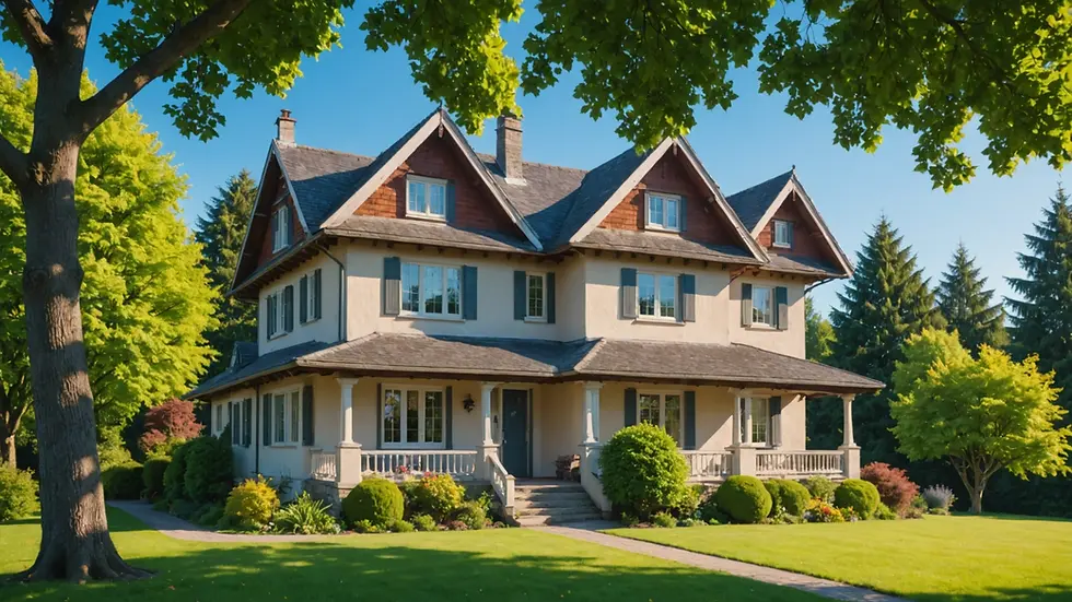 A picturesque home surrounded by trees with a clear blue sky