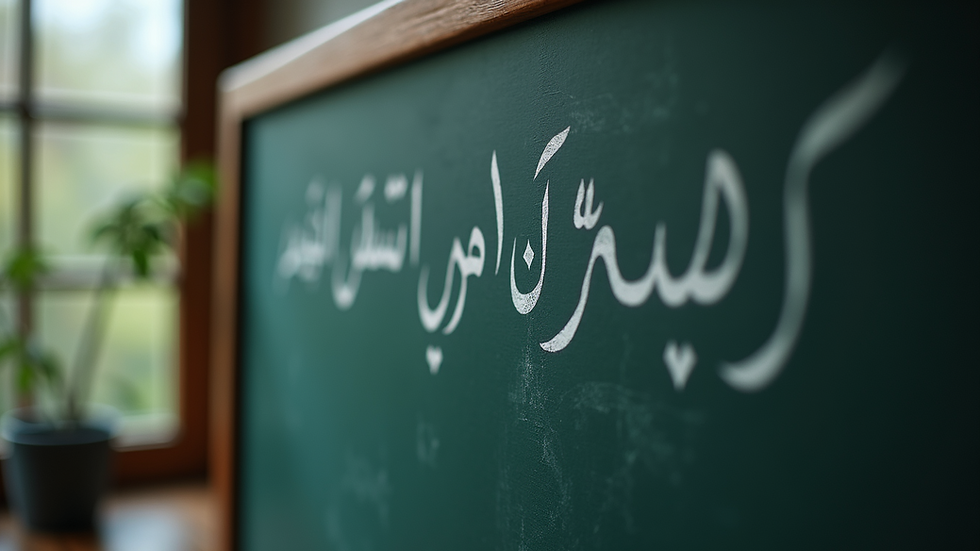 Close-up view of Arabic writing on a chalkboard