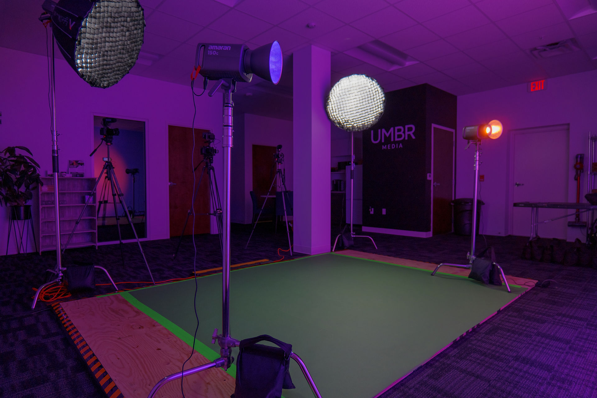 UMBR Media Studio with Pink and Red Lights