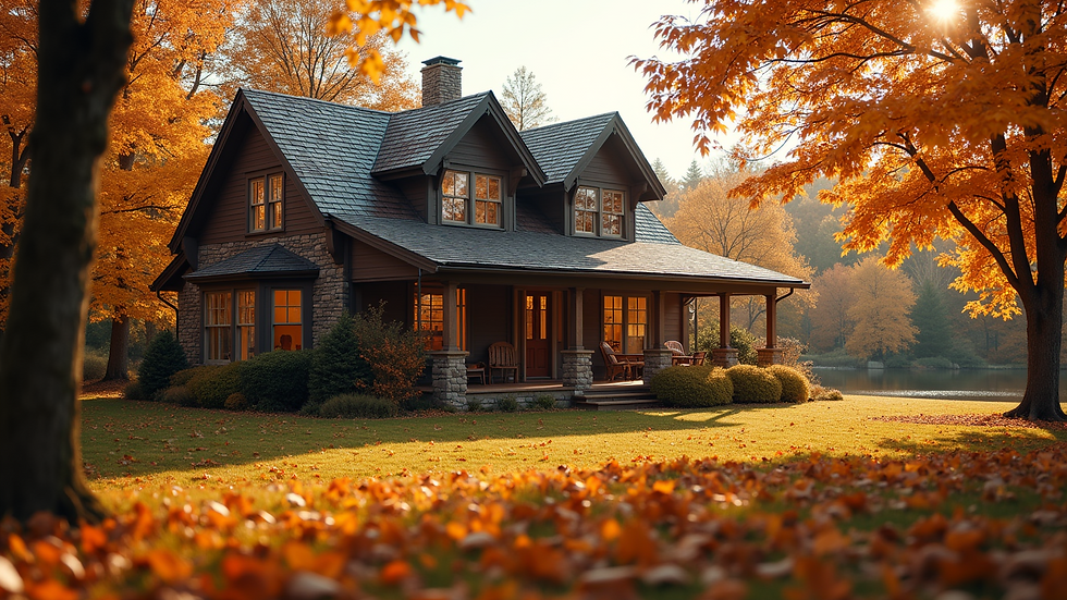Eye-level view of a cozy home with autumn leaves in the foreground