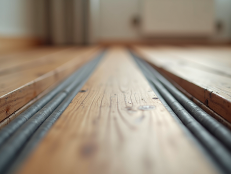 Underfloor heating pipes installed beneath wooden floorboards in a residential home renovation project.