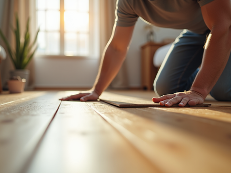 Eye-level view of a flooring contractor installing hardwood planks in a living room