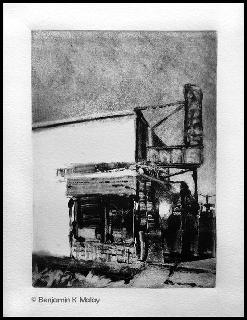 black and white monotype of Flynn's Cafe, Georgetown, Seattle printed on paper with AKUA ink
