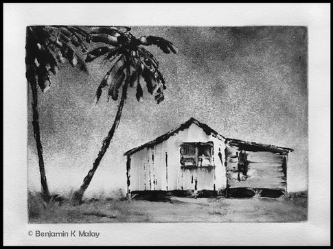 black and white monotype of old house and palm trees near Old Koloa Town, Kauai, Hawaii printed on paper with AKUA ink