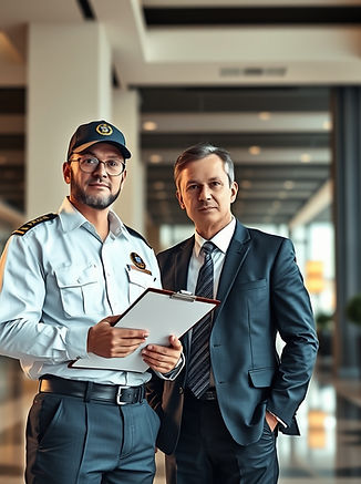image of a security Officer holding a clipboard next to a man in suit in a hotel lobby and