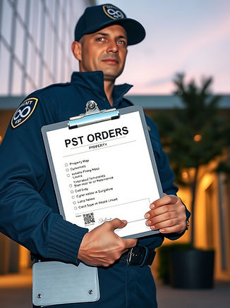 Photorealistic hero image at dusk. A professional unarmed security officer in navy uniform