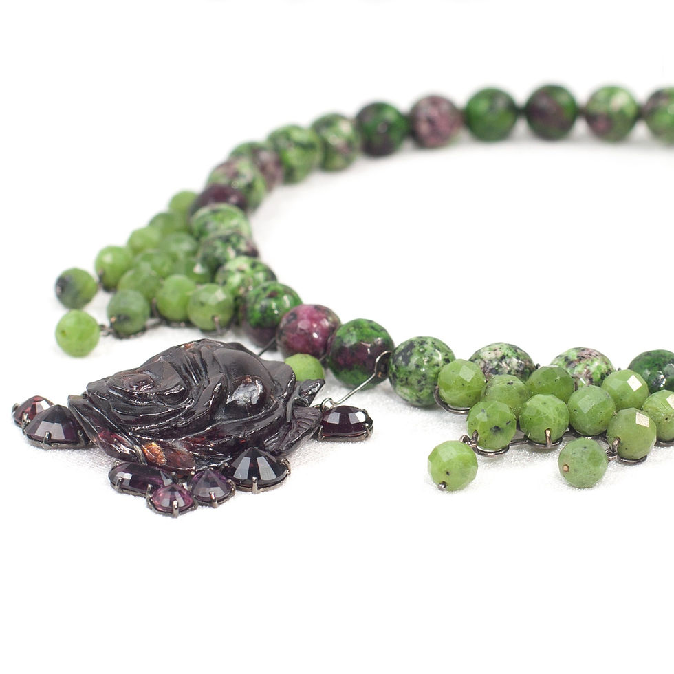 Thumbnail: AFTERNOON GARDEN garnet, spinel, ruby zoisite & nephrite - 10K gold neckpiece