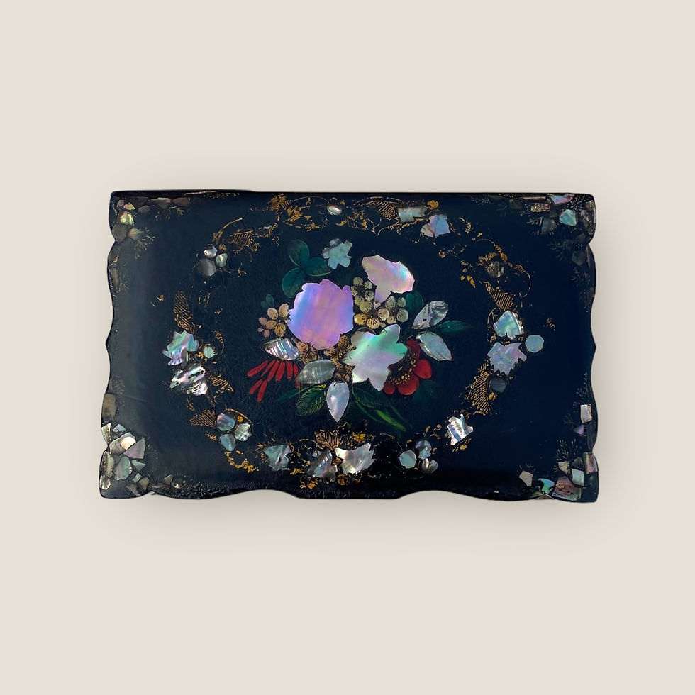 Thumbnail: Victorian Papier Mache Tea Caddy With Mother Of Pearl Birds Eye View