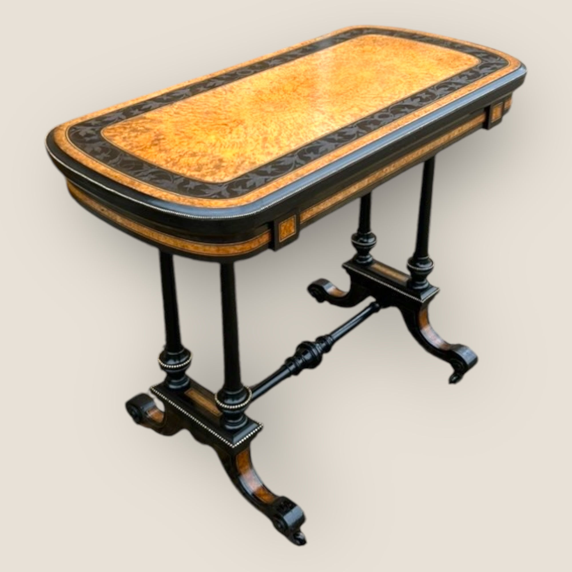 Antique Victorian Aesthetic Movement Ebonised Brass & Amboyna Card Side Table