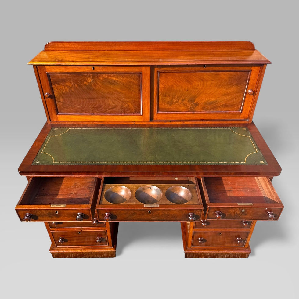 Thumbnail: Antique Victorian Mahogany Pedestal Desk – 9 Drawers, Tooled Leather & Cupboard