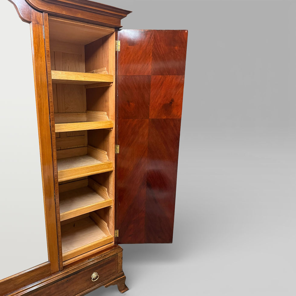 Thumbnail: Antique Edwardian Mahogany Three-Door Marquetry Inlaid Wardrobe with Mirror