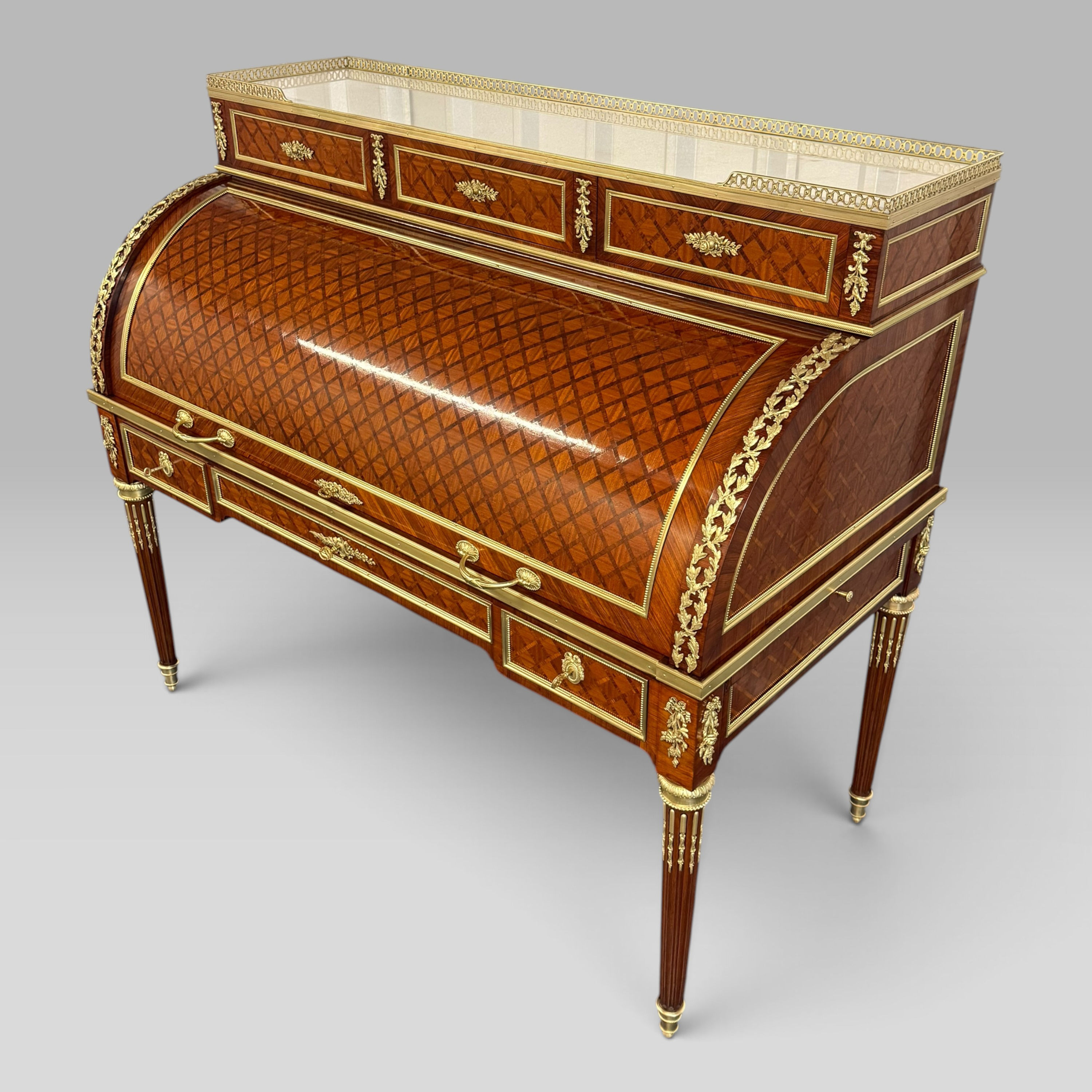 19th Century French Louis XVI Style Parquetry & Ormolu Cylinder Desk Front Angle View