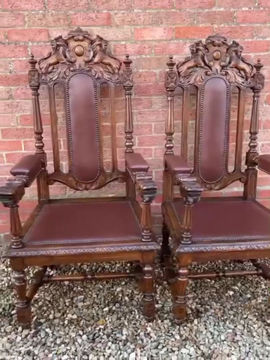 Thumbnail: Pair of Victorian Gothic Revival Carved Oak Throne Chairs
