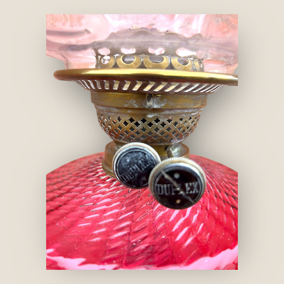 Thumbnail: Large Antique Cranberry Brass Oil Lamp