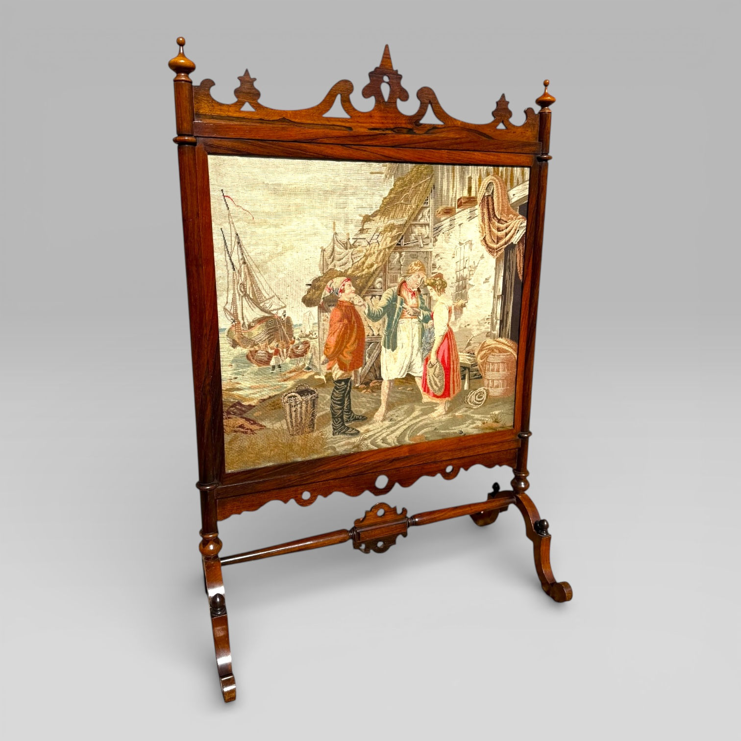 Antique English Victorian Rosewood & Needlework Cheval Fire Screen