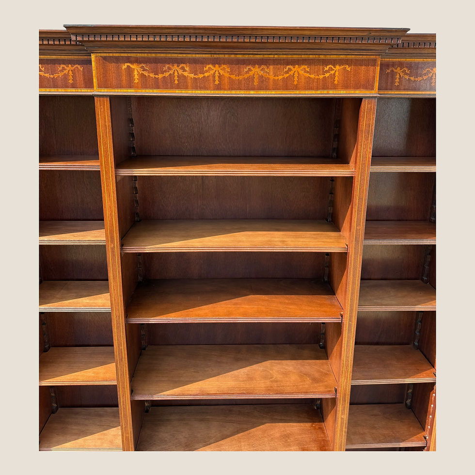 Thumbnail: Antique Sheraton Style Mahogany Inlaid Breakfront Open Bookcase with Shelves