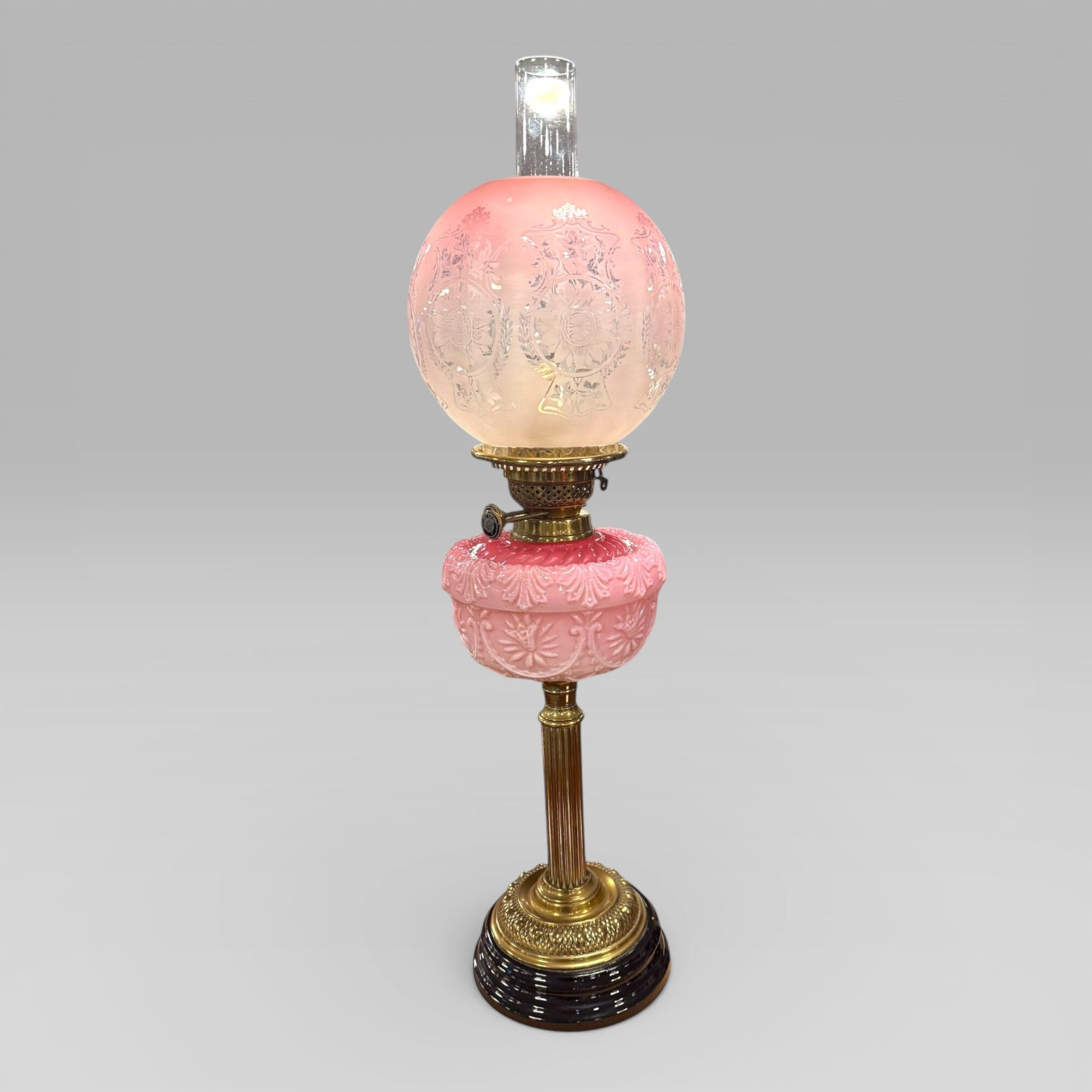 Antique Victorian Cranberry Etched Glass Oil Lamp With Brass Column