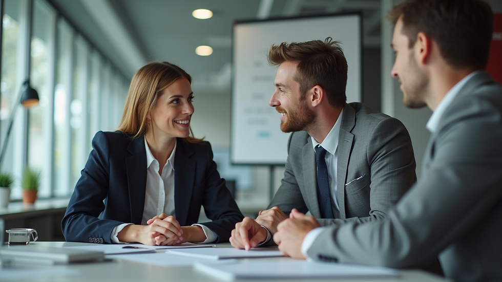 Eye-level view of a salesperson discussing with a client in an office