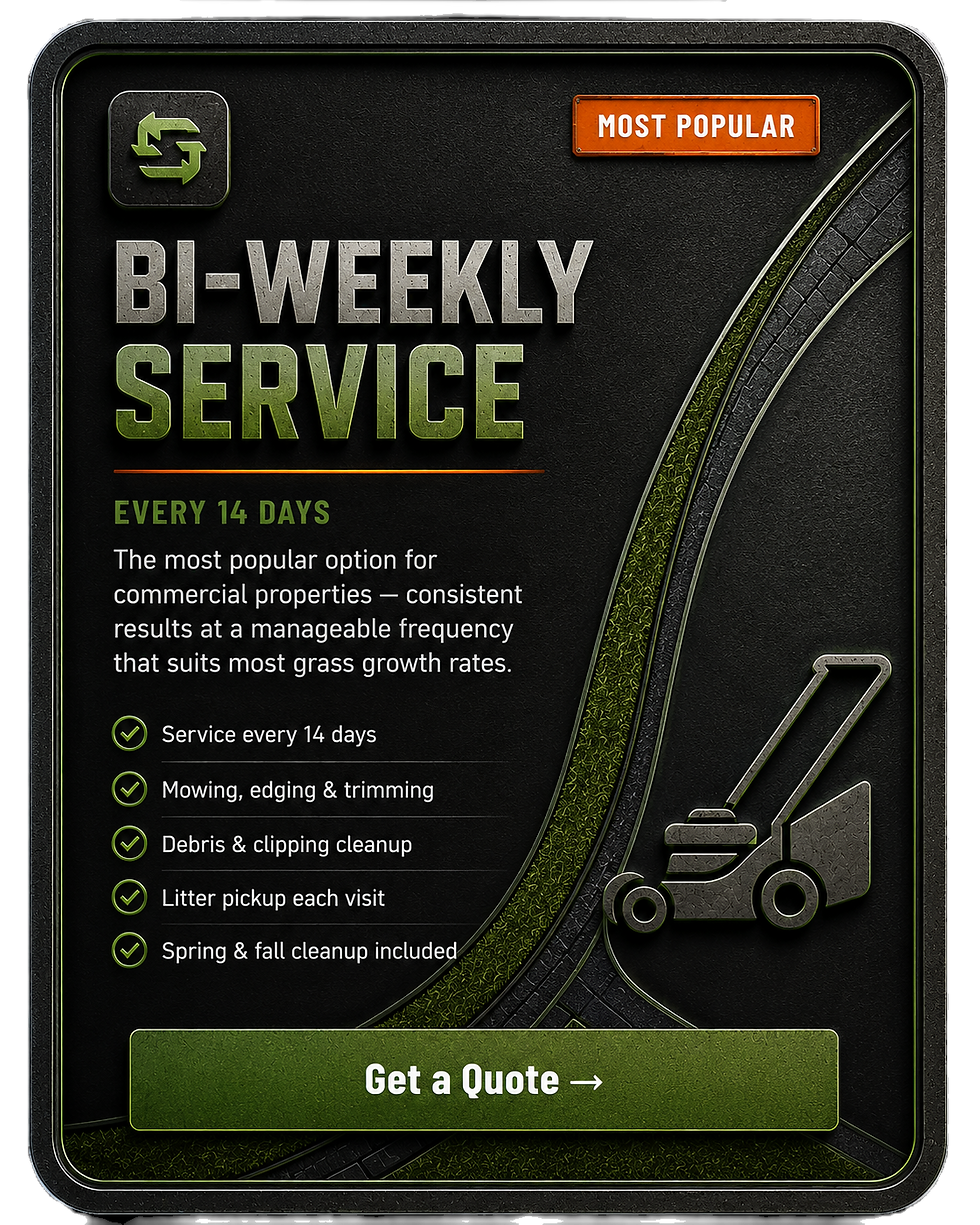Bi-weekly commercial lawn care service card showing every 14 day mowing, edging, trimming and debris cleanup for commercial properties in Edmonton and St. Albert