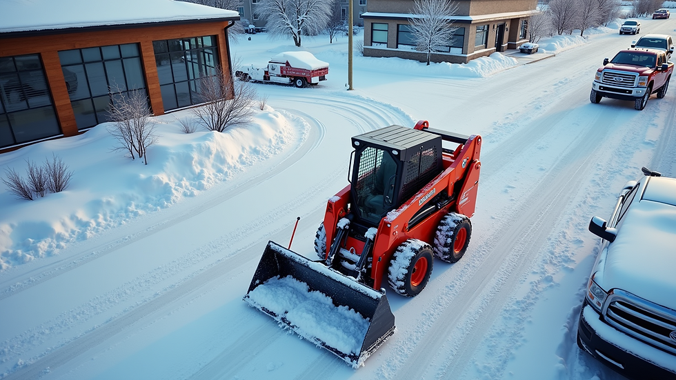 High angle view of a snowplow clearing a commercial driveway in Edmonton