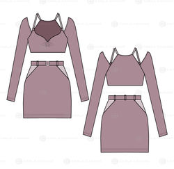 Sweetheart Neckline Longsleeve Shoulder Cut Out Crop top Skirt Set