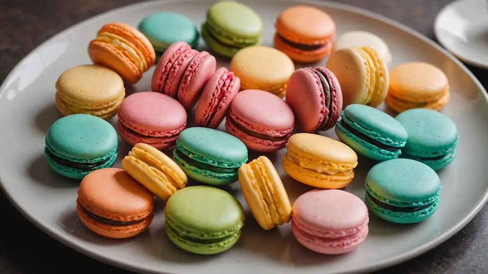 Close-up view of beautifully arranged colorful macarons on a plate