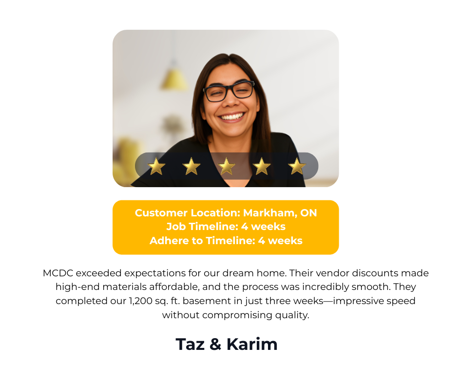 This is Taz, a client that got her basement renovated with MCDC. She was blown away by the results.