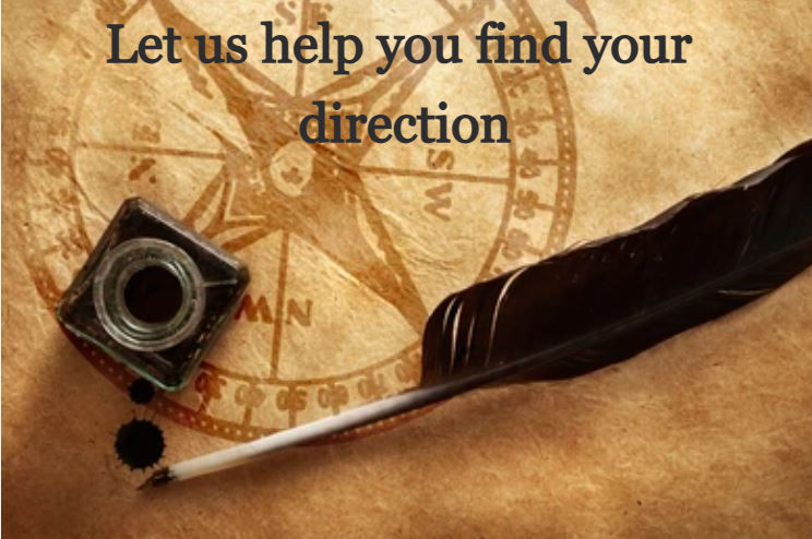 Inkwell, quill laid on parchment after using them to draw a compass' nautical rose or compass map legend.